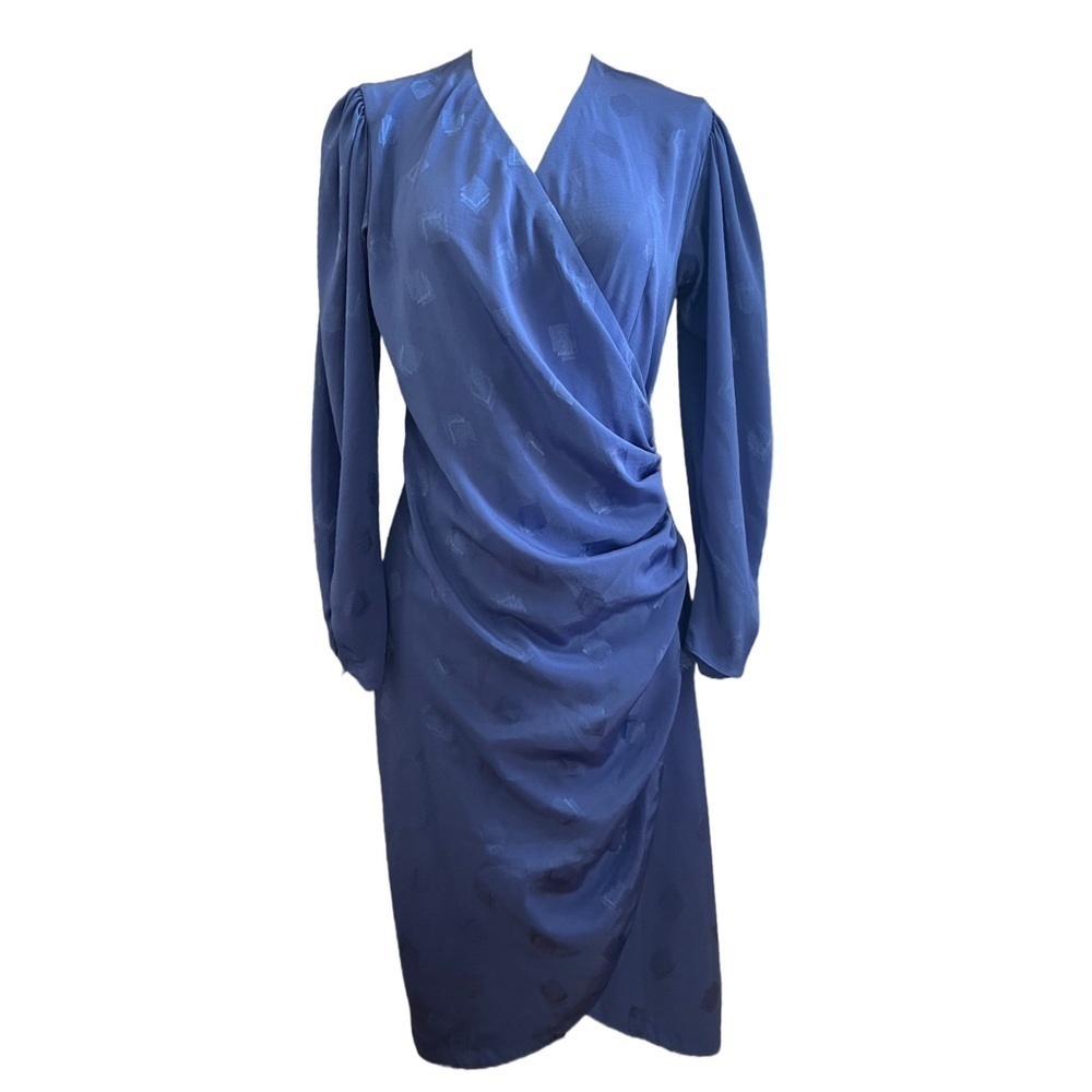 𝅺vintage 1980 blue shimmery long puff sleeved midi wrap dress sz m